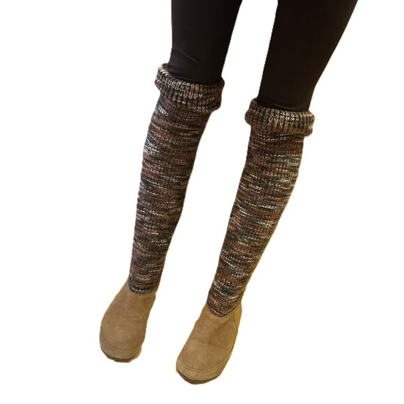 BearPaw Women size 10 flat tan suede boot, knit calf high knee high BOHO upper - Picture 5 of 13